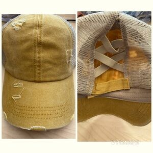 Mustard distressed cross cross ponytail hat